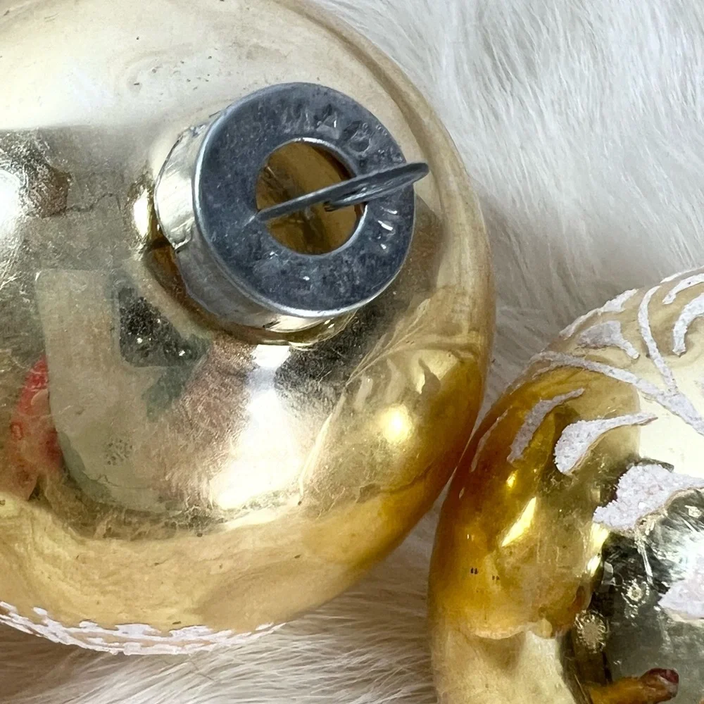 Lot of 3 Vintage Christmas Ornament USA White Mica Stencil Gold‎ holidays